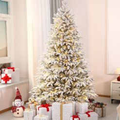 7ft Flocked Cedar Christmas Trees with Multi-Color Lights