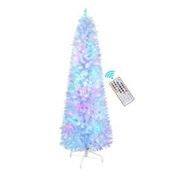 6ft Pre-lit RGB Lights White Artificial Slim Pencil Christmas Tree with Remote