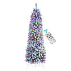 Alternative view of 6ft Prelit RGB Lights White Flocked Artificial Pencil Xmas Christmas Tree with Remote