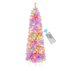 7.5ft Prelit Flocked Pink Artificial Pencil Christmas Trees with RGB Lights