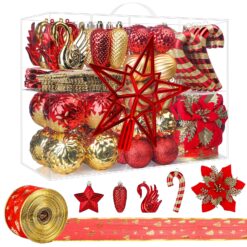 128pcs Red and Gold Shatterproof Plastic Baubles, Swans, Stars, Canes Christmas Balls Ornaments Set