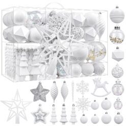 100pcs White Stars, Snowflakes, Carousels Shatterproof Plastic Christmas Tree Decorations Ornaments Set
