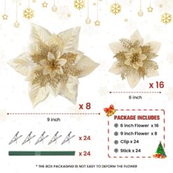 Alternative view of 24 Pcs 6"&9" Gold Large Size Poinsettia Artificial Christmas Flowers Decorations for Christmas Tree with Clips&Sticks